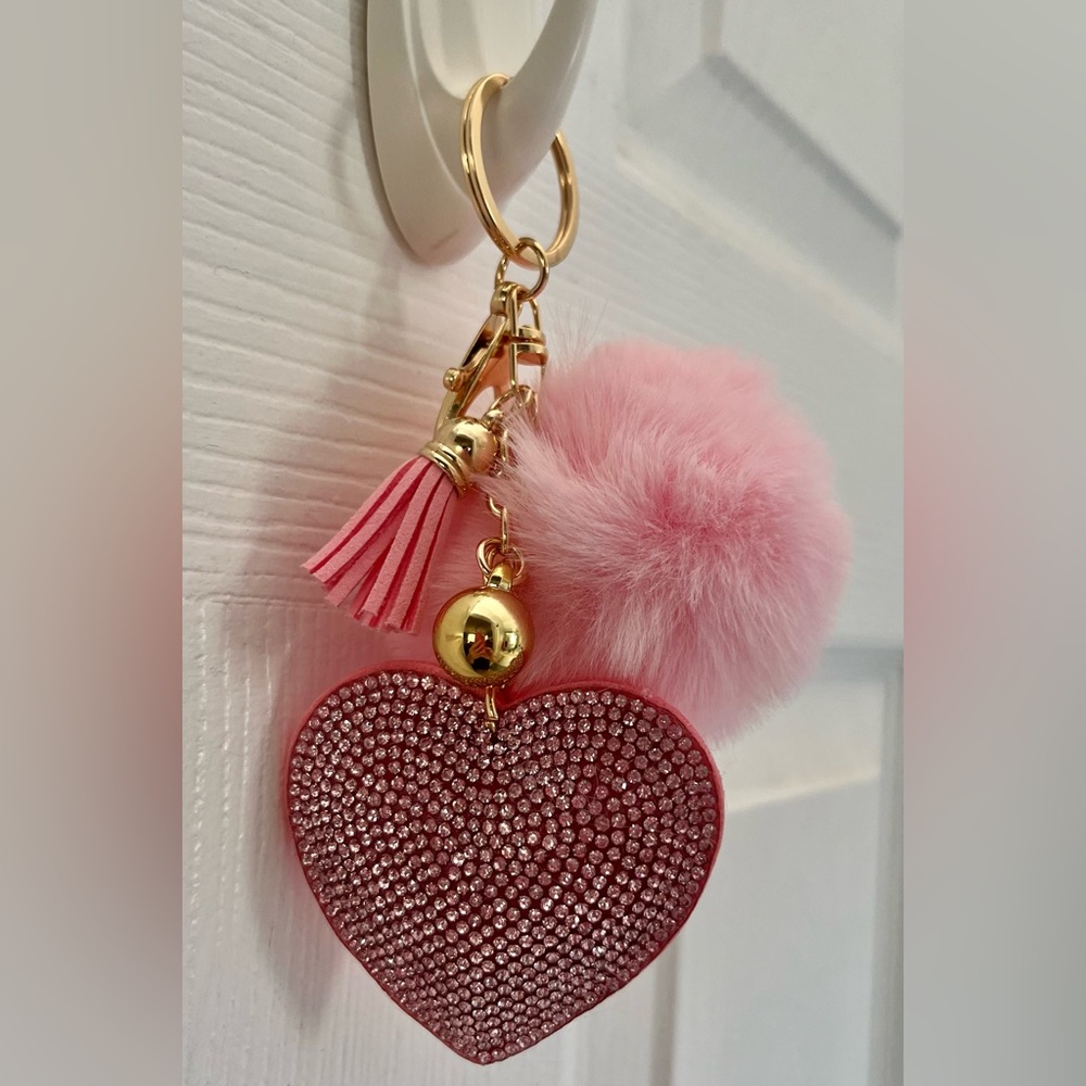 Pink Pom Studded Heart Keychain New